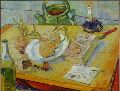 製図板、パイプ、玉ねぎ、シーリングワックスのある静物 作： Vincent van Gogh