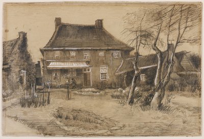 ノイネンの牧師館：後ろから見た、右側のアーティストスタジオ、1884年頃（グラファイト、ペン＆ブラウンインク、茶色のウォッシュ、織り紙の上に白で強調） 作： Vincent van Gogh