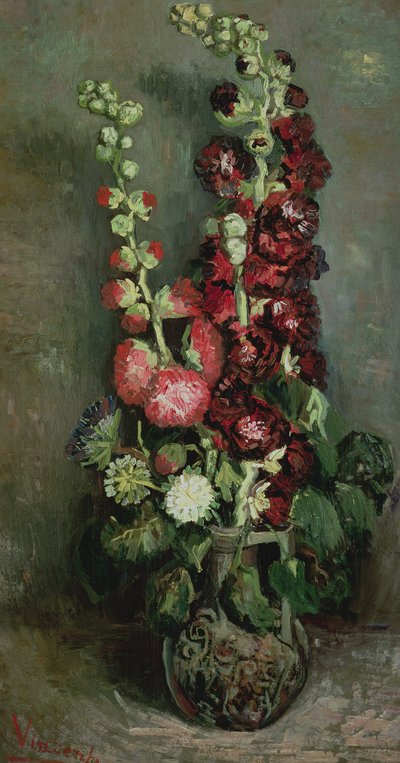 Hollyhocksの花瓶、1886 作： Vincent van Gogh