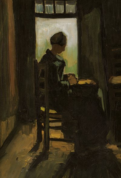 ドアを開ける前に座る女、皮むきジャガイモ、1885年 作： Vincent van Gogh