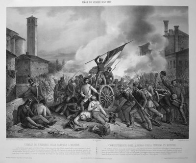 1848年10月27日、メストレのアルベルゴ・デラ・カンパーナの戦い（1848-9年のヴェネツィア包囲戦）（リトグラフ 作： Vincenzo (after) Giacomelli