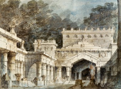 ヴェネツィアのフェニーチェ劇場で上演されたヴィンチェンツォ ベッリーニ (1801-1835) のオペラ、ノルマの第 5 シーンのフランチェスコ バニャーラによるセット デザイン 作： Vincenzo Bellini