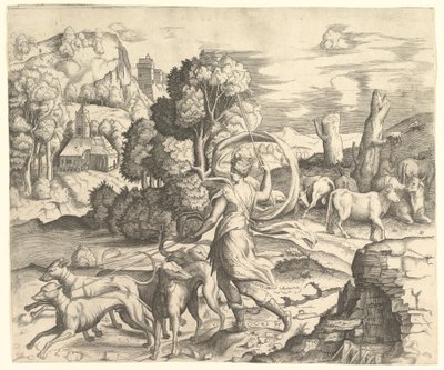 風景の中のハントレス、ダイアナ。 1530-42。 作： Vincenzo Caccianemici