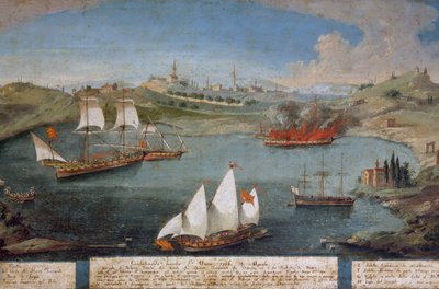 Batalha naval entre navios venezianos de Marco Ivanovich Dobrota e navios turcos, 19 de abril 作： Vincenzo Chilone