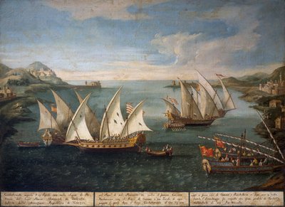 4 月 17 日のパトラ沖でのマルコ イワノビッチ ドブロタのベネチア船とトルコ船の間の海戦 作： Vincenzo Chilone