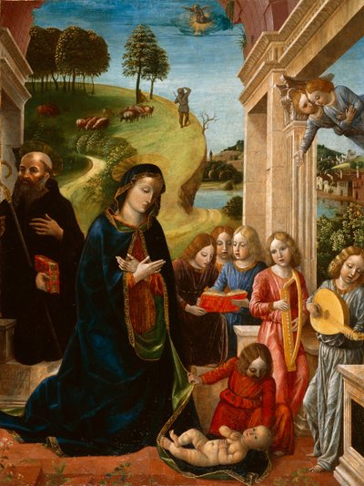 聖ベネディクトと天使との子供の崇拝、c.1478（キャンバス上のテンペラ） 作： Vincenzo Foppa
