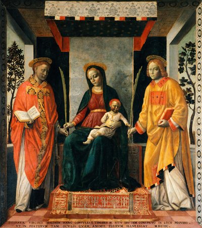 聖ファウスティヌスと聖ジョヴィータの間にいる聖母子 ヴィンチェンツォ・フォッパ（1427年頃～1515年頃）作 テンペラ／カンヴァス 205x226cm 作： Vincenzo Foppa