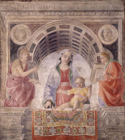 マドンナと子供、聖徒と洗礼者ヨハネ、福音伝道者ヨハネ、1485年 作： Vincenzo Foppa
