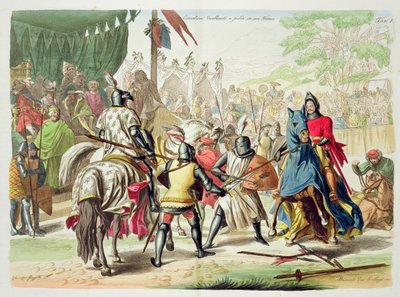 トーナメントで徒歩で決闘する騎士、G。ラゴが刻印した「The History of the Nations」のプレート1 作： Vincenzo Gazzotto