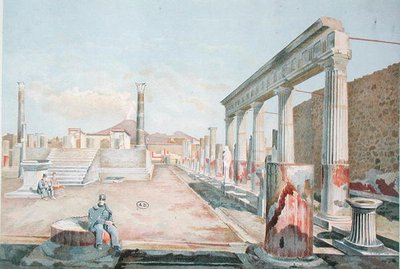 ポンペイの遺跡の中で座っている所長（カラーリトグラフ） 作： Vincenzo Loria