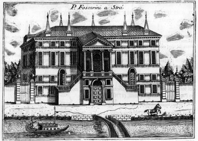 ヴィンチェンツォ・コロネリ（1650-1718）の「ヴェネツィアの特異点」に登場するヴェネツィア近郊の宮殿（パラッツォ）フォスカリーニ・ア・ストラ。 作： Vincenzo Maria Coronelli
