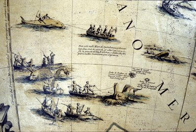太平洋での捕鯨。17世紀のコロネリ社製地球儀の詳細。 作： Vincenzo Maria Coronelli