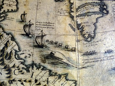 捕鯨：クジラを陸に上げて油を採取する。コロネリの地球儀より。17世紀。 作： Vincenzo Maria Coronelli