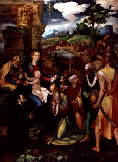 献金者とマギの礼拝」（パネルに油彩・テンペラ） 作： Vincenzo da (d.1557) Pavia