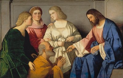 La Remise des clefs a saint Pierre - キリストがサン・ピエトロに鍵を渡す - Catena, Vincenzo di Biagio (ca. 1470-1531) - c. 1520 - 木に油彩 - 86x135 - Museo del Prado, Madrid 作： Vincenzo di Biagio Catena