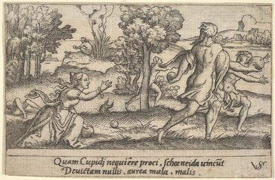 アタランテとヒッポメネス、前景のアタランテはひざまずいてリンゴを拾い上げています..., ca. 1535-62。 作： Virgil Solis