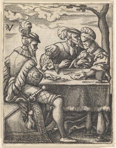 テーブルでトランプをしている 2 人の男性と女性。 1535-62。 作： Virgil Solis