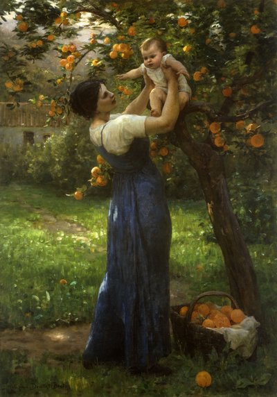 オレンジの木立の母と子（キャンバスに油彩） 作： Virginie Demont Breton