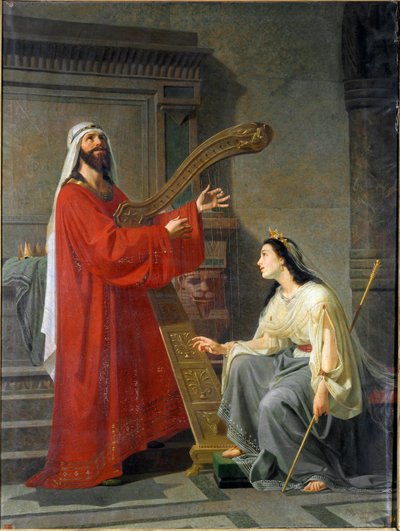ハープを演奏するダビデとミコル王ダビデ。 ヴィルジニオ グラナ (ca. 1830-1888) による絵画 19 世紀の日曜日。 243x182 cm 遺伝子、Accademia Ligustica di Belle Arti、inv. 468 作： Virginio Grana