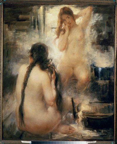 Dans un bain devapor (サウナ) - 蒸気浴 - 2 人の裸の若い女性が髪を梳き、伝統的なロシアの水治療法を楽しんでいる - ヴィタリ ガブリロヴィチ チホフ (1876-1939) の絵画、キャンバスに油彩、20 ​​世紀初頭 - ロシア美術-収集 作： Vitali Gvrilovich Tikhov