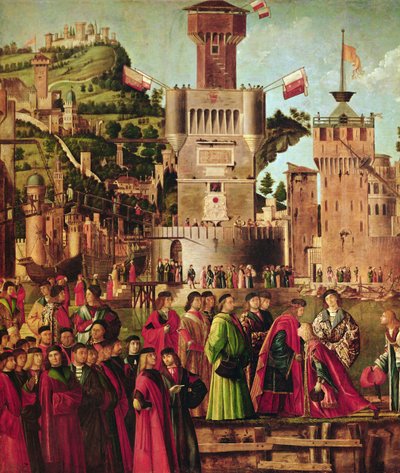 聖ウルスラサイクルからのエテリアスとウルスラの会合と巡礼者の出発の詳細、c.1490-96（詳細は56472） 作： Vittore Carpaccio