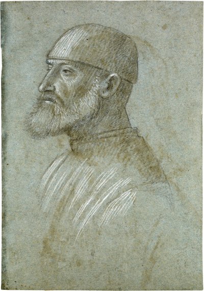 帽子をかぶったひげ面の男性の頭部、左向きの横顔 作： Vittore Carpaccio