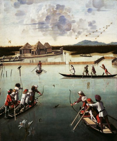 ラグーンでの狩猟、c.1490-5（パネルに油彩） 作： Vittore Carpaccio
