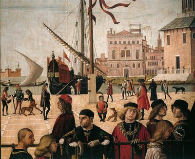 イタリア、ヴェネツィア、聖ウルスラの生活場面（ヤコブス・デ・ヴォラジーヌの「黄金伝説」より） イギリス大使の到着、詳細な港の様子 作： Vittore Carpaccio