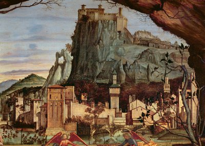 Sacre conversazione、84002の背景パネルの詳細にある町と城の詳細 作： Vittore Carpaccio