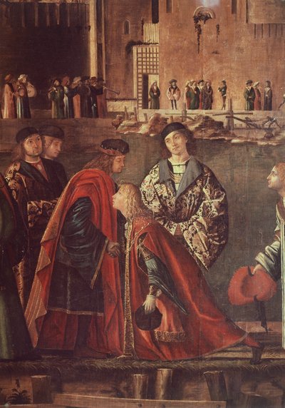 Tarinoita Pyhästä Ursulasta, Etheriuksen ja Ursulan kohtaamisesta ja pyhiinvaeltajien lähdöstä, Ereon lomasta isästään, Vittore Carpaccio (n. 1465-n. 1526), tempera kankaalle, 280x611 cm 作： Vittore Carpaccio