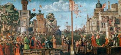 1498年にヴェネツィアのScuola di Sant&39;Orsolaにあった聖ウルスラサイクルからのイーサリアスとウルスラの会合と巡礼者の出発 作： Vittore Carpaccio
