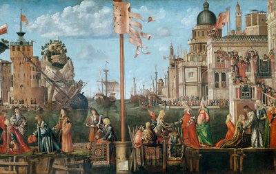 1498年に最初にヴェネツィアのScuola di SantOrsolaで行われた聖ウルスラサイクルからのエテリウスとウルスラの会合と巡礼者の出発、1498（詳細は56472） 作： Vittore Carpaccio