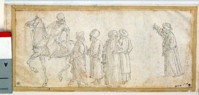 Vittore Carpaccio (1450-1526)による茶色のインクと水彩のドローイング。0.11 x 0.28 m Paris.ルーヴル美術館 作： Vittore Carpaccio