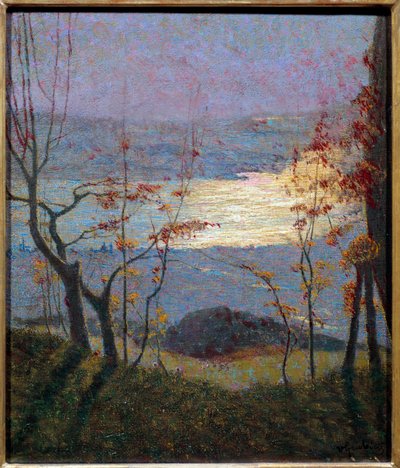おはようございます。木々のある秋の風景。ヴィットーレ・グルビシー・ディ・ドラゴン（1851-1920）の絵画 Ec.イタリア、20世紀。キャンバスに油彩。薄さ：0.47 x 0.41m。パリ、オルセー美術館（Musee d