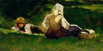 Vittorio Avondo (1836-1910) による、草の上に横たわる座っている女性と少年。 作： Vittorio Avondo