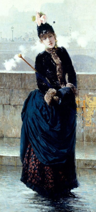 ヴィットリオ・マッテオ・コルコス（1859-1933）によるパリの橋の上の女性、キャンバスに油彩 作： Vittorio Matteo Corcos