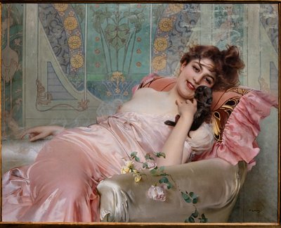 小さな犬を持つ女性 作： Vittorio Matteo Corcos