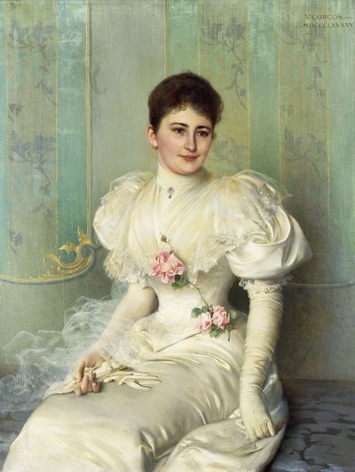 白いドレスを着て、4分の3の長さに座っている女性の肖像画 作： Vittorio Matteo Corcos