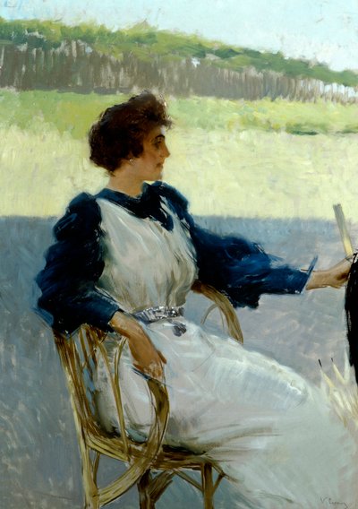 Vittorio Matteo Corcos（1859-1933）による屋外の女性の肖像画、キャンバスに油彩、92x64 cm、1910年頃 作： Vittorio Matteo Corcos
