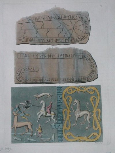 ジュール・フェラリオの「Le Costume Ancien et Moderne」（1820年頃）に掲載されたエーデルランド産の絨毯とルーン文字が刻まれた石（彩色彫刻 作： Vittorio Raineri