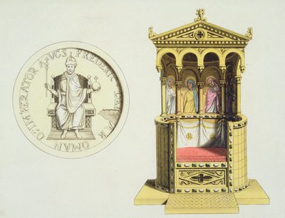 フレデリック・バルバロッサ（1123-90年頃）のコインと王冠（1820-30年代に出版されたジュール・フェラリオ著「Le Costume Ancien et Moderne」より）（カラーリトグラフ版 作： Vittorio Raineri