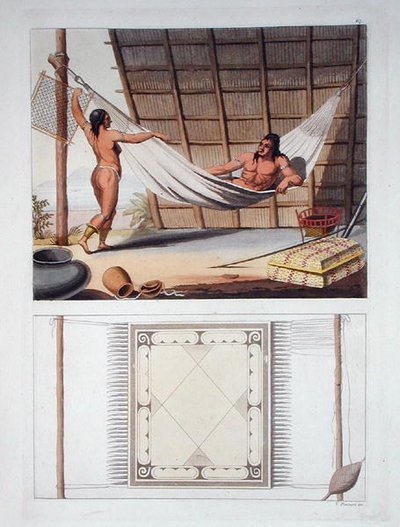 オランダ領アンティル、カリブ族の家庭内、プレート67、ジュール・フェラリオ著「Le Costume Ancien et Moderne」（1820年代～30年代に出版）より（カラーリトグラフ 作： Vittorio Raineri