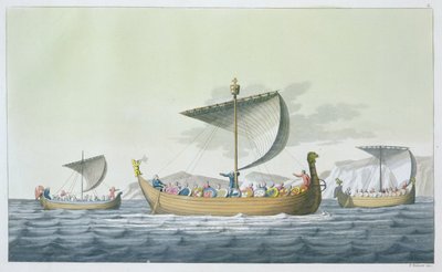 ウィリアム征服者の艦隊、1066年、ジュールズフェラーリオの「ルコスチュームアンシャンエモデルヌ」のプレート8、1820年代から30年代に出版 作： Vittorio Raineri