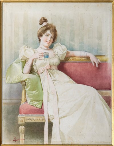 ソファの上の女性（紙に水彩） 作： Vittorio Reggianini