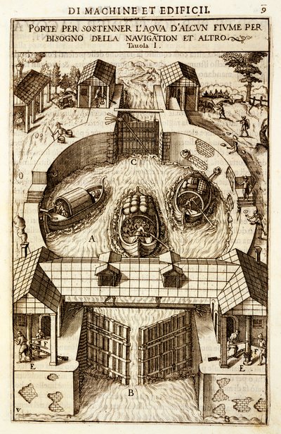 運河または川の水門用の油圧機械、1607 作： Vittorio Zonca