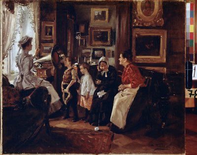 au蓄音機。 （蓄音機で）。 Peinture de Vladimir Yegorovich Makovski (Makovsky, Makovskij) (1846-1920), huile sur toile 作： Vladimir Egorovic Makovsky
