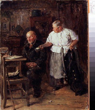 叱責（叱責）。 室内にいる老夫婦で、妻が財布を見せて夫を責める。 Vladimir Yegorovich Makovsky（Makovsky、Makovskij）（1846-1920）による絵画、キャンバスに油彩 作： Vladimir Egorovic Makovsky