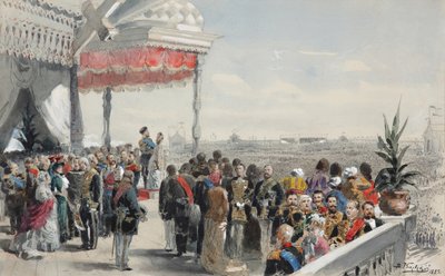 1883年のホディンカフィールドでの皇帝アレクサンドル3世の戴冠式の後の公共の祭事 作： Vladimir Egorovic Makovsky