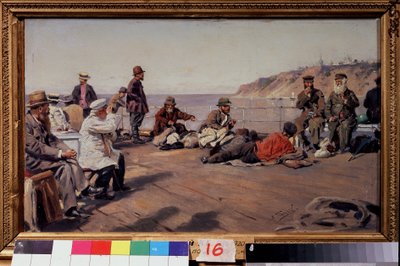 デッキで（デッキで）。 海岸沿いを走るボートに乗ったあらゆるクラスの旅行者。 Vladimir Yegorovich Makovsky（Makovsky、Makovskij）（1846-1920）による絵画、キャンバスに油彩 作： Vladimir Egorovic Makovsky