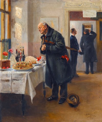 "A gastronome"(ガストロノマー) 美味しいビュッフェの前で手をこねる男性 - Vladimir Makovsky (Makovski) (1846-1920)の絵画。 作： Vladimir Egorovic Makovsky